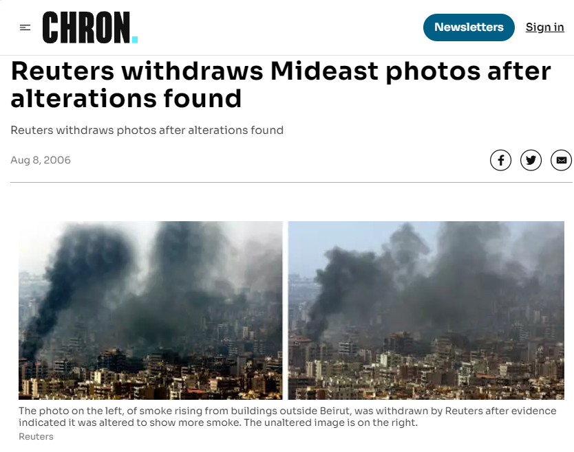 Freelance photographer Adnan Hajj's before and after-manipulation photographs of 2006 fighting in Lebanon published on Reuters.  