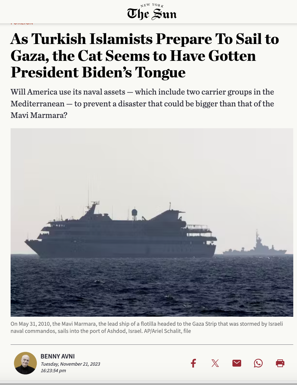 The Sun article "As Turkish Islamists Prepare To Sail to Gaza, the Cat Seems to Have Gotten President Biden’s Tongue", published Nov 21, 2023.