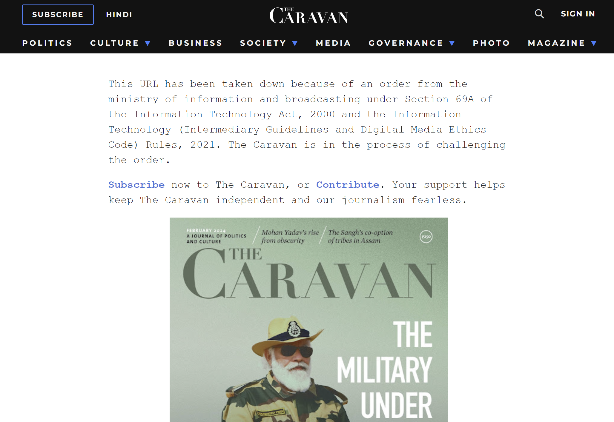 TheCaravanCensored - is a snapshot of the notification put up on The Caravan Magazine's censored report. 