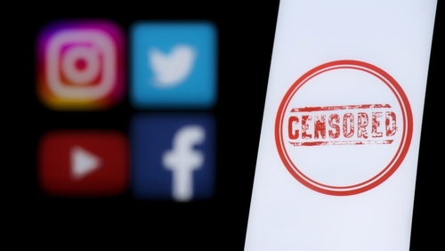 social media logos, twitter, Instagram IG, Facebook, YouTube, on one side and the word "censorship on the right"