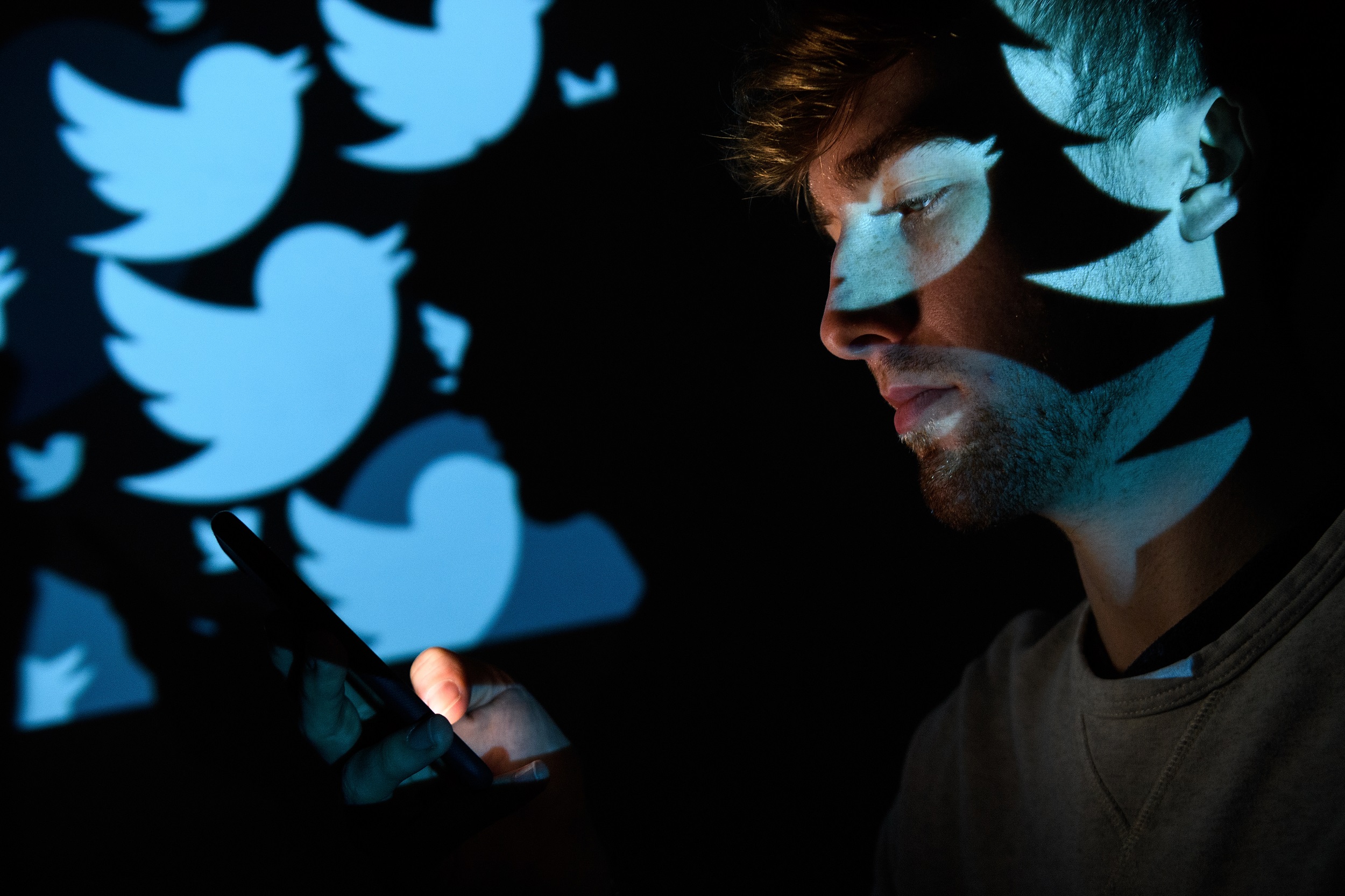 A picture of a man scrolling on his phone in a dark room while the Blue Twitter logo is projected on the wall behind him.