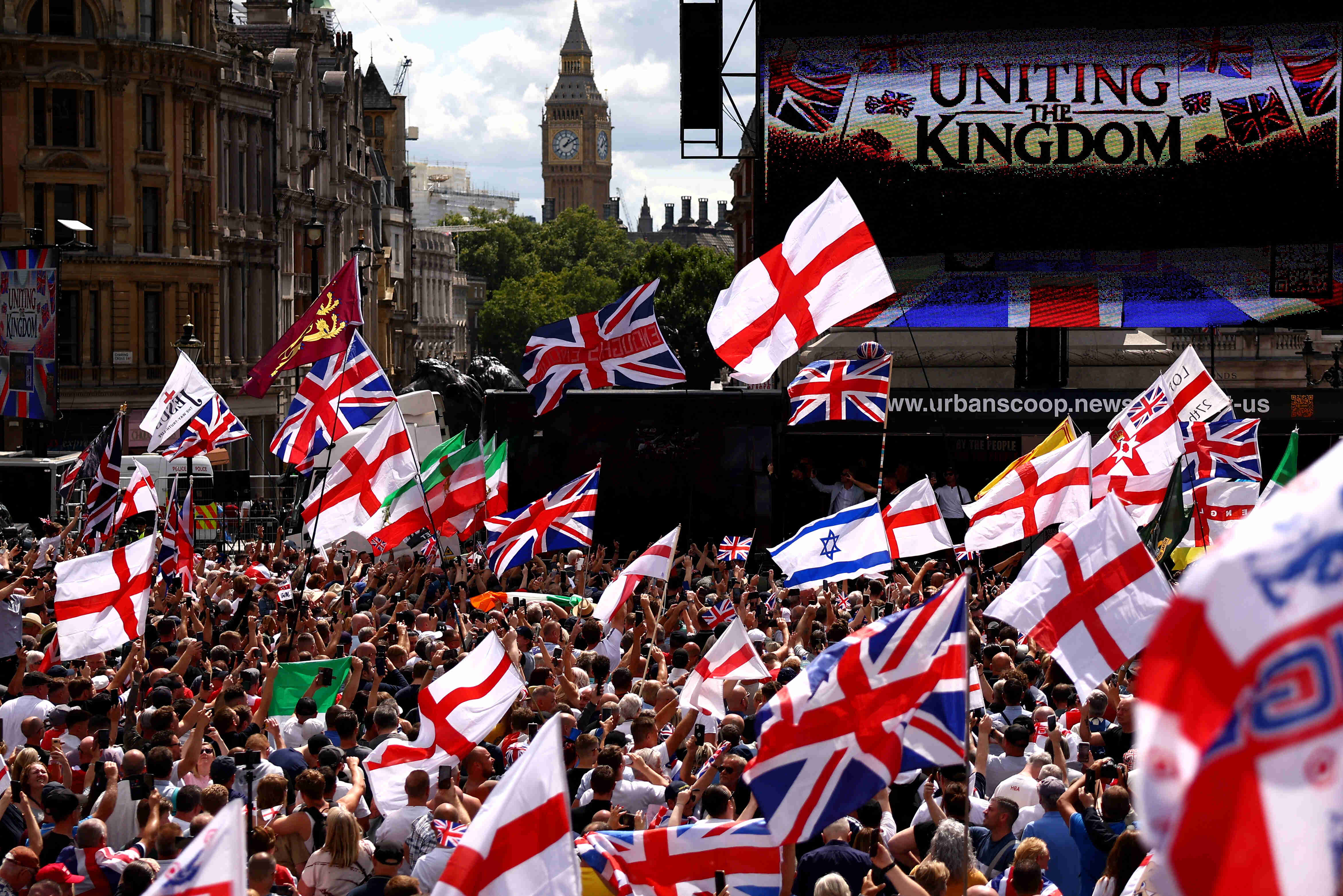 anti-Islam English Defence League (EDL), Stephen Yaxley-Lennon, also known as Tommy Robinson attend a rally at Trafalgar square in central London on July 27, 2024.