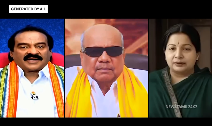 Deceased Politician - depicts deepfakes of deceased politicians campaigning for political parties (Source: Vasanth TV, compiled by New York Times)