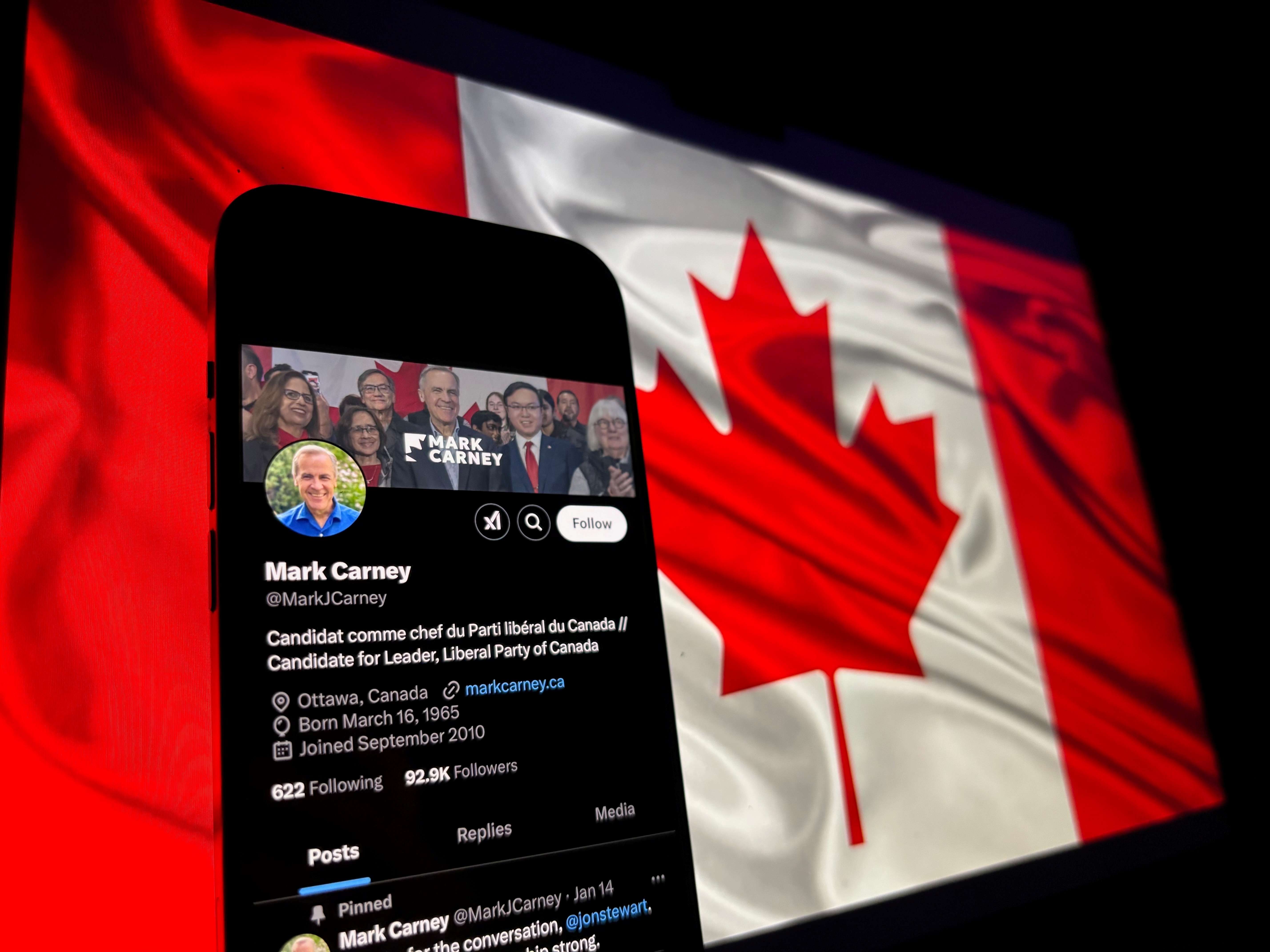 Mark Carney X account on the backdrop of Canadia flag