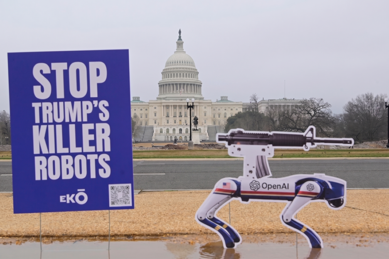 A "killer robot" prop stands on display in front of Capitol Hill during a protest against OpenAI's Pentagon decision in Washington DC, USA. (Photo: Lenin Nolly/NurPhoto. Washington, United States of America – Mar 2026)