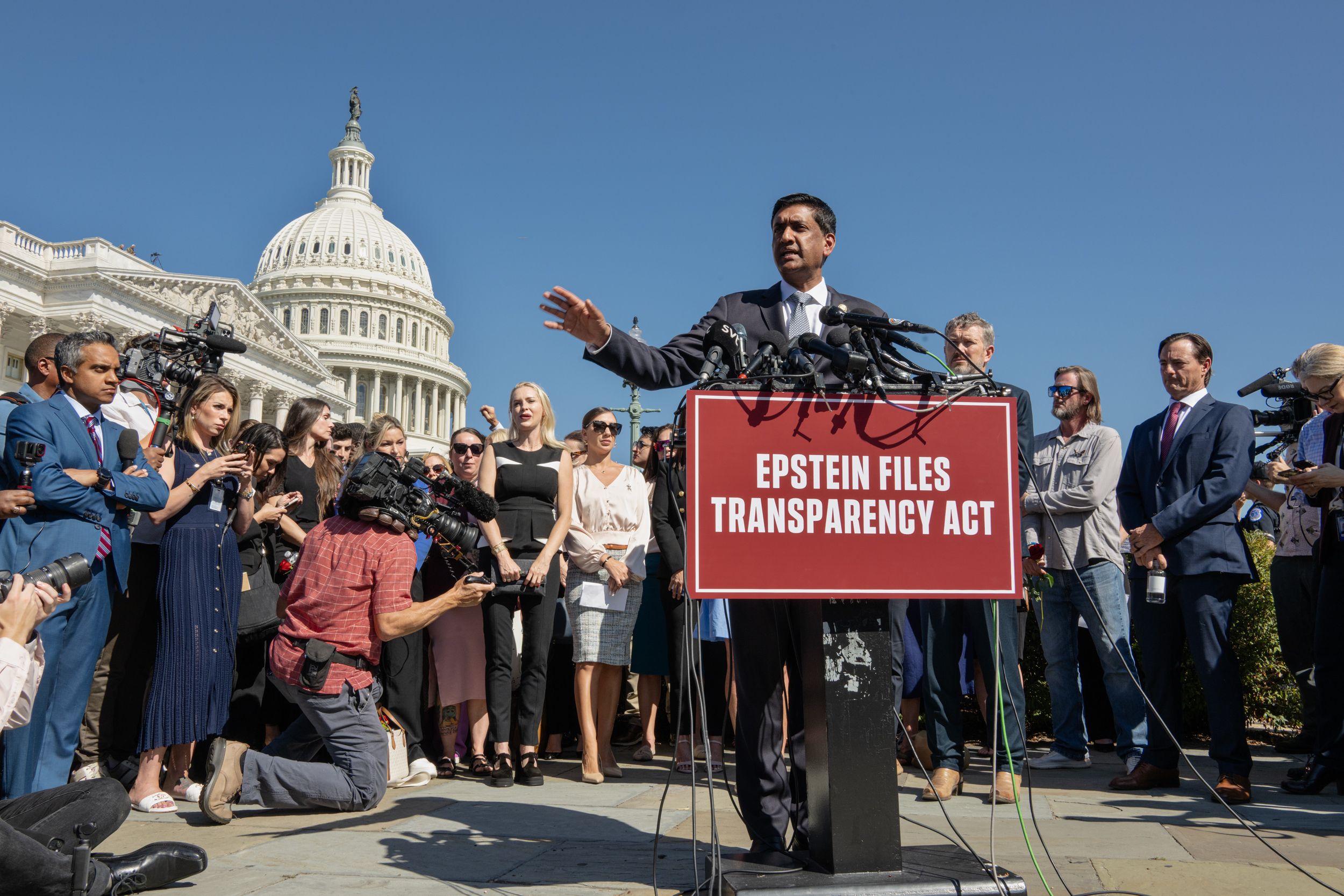 Washington DC: Press Conference For Epstein Survivors, District of Columbia, USA Congressman, Ro Khanna speaks at a press conference outside the Capitol on Wednesday with the alleged victims of disgraced financier and sex trafficker Jeffrey Epstein in an effort to get the full files released, in Washington D.C. on September 3, 2025.