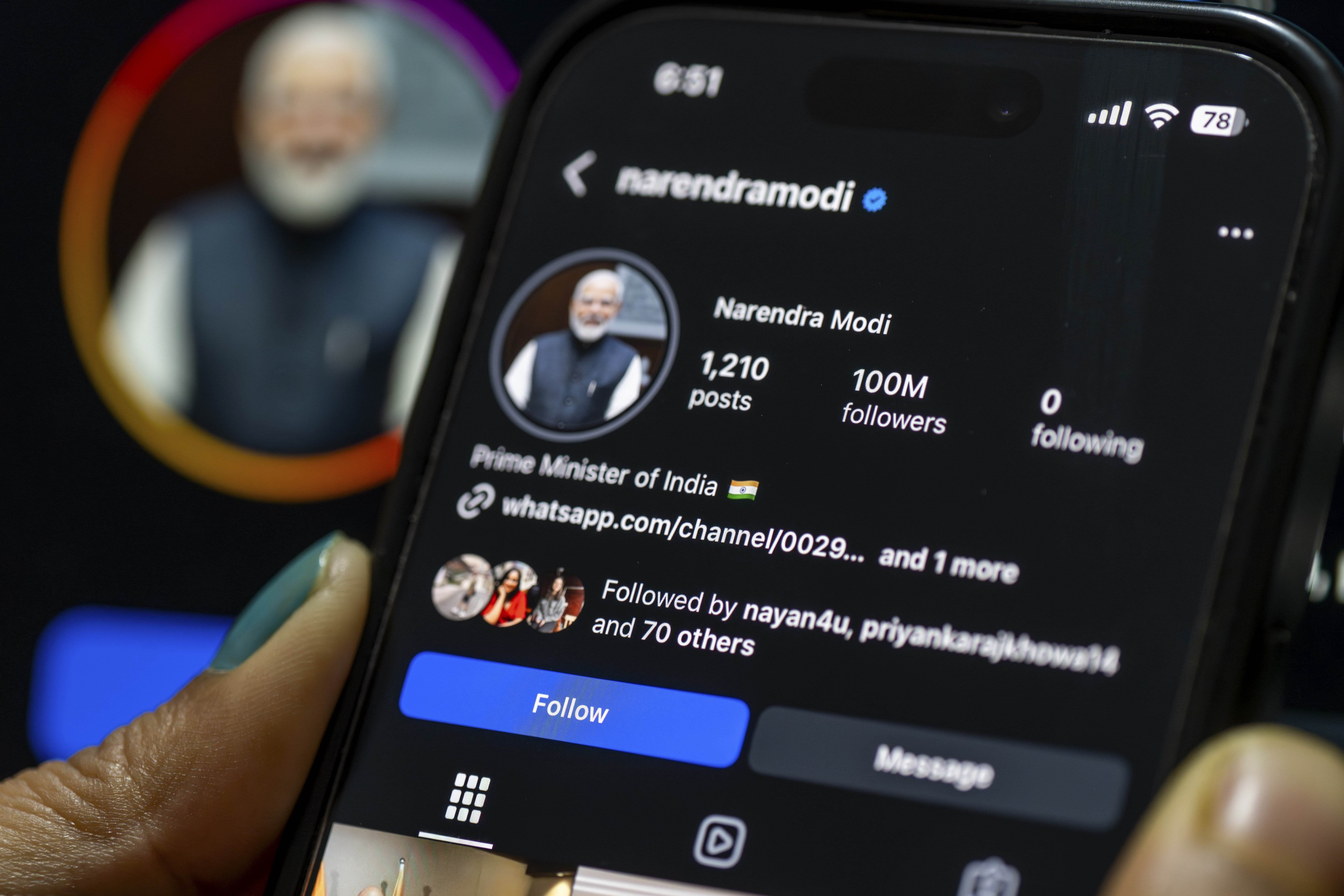 India's prime minister Narendra Modi's social media account on a phone screen 