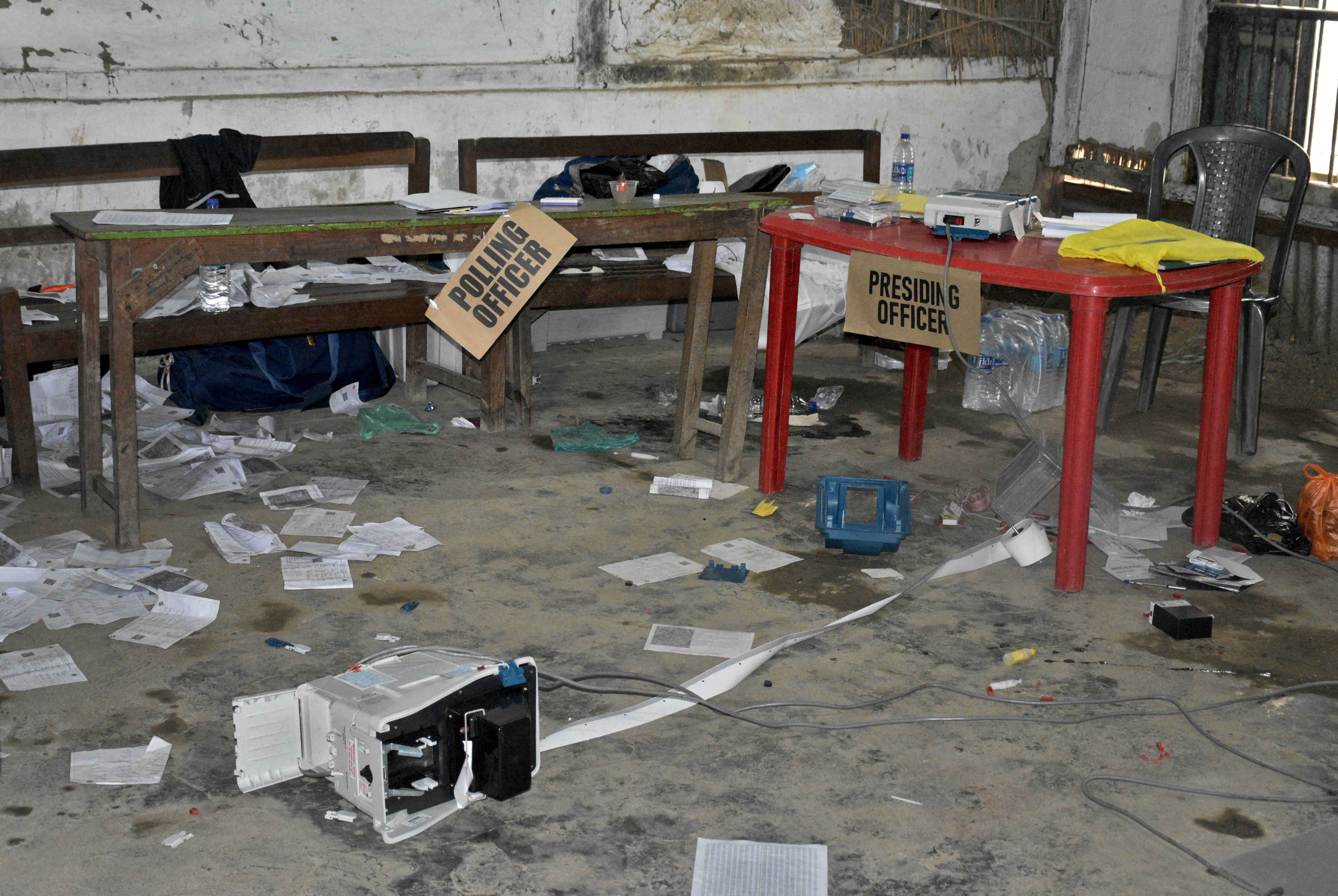 A view of a polling station that was damaged by a crowd during the first phase of the general election, in Khurai in Imphal East, Manipur, India, April 19, 2024. REUTERS