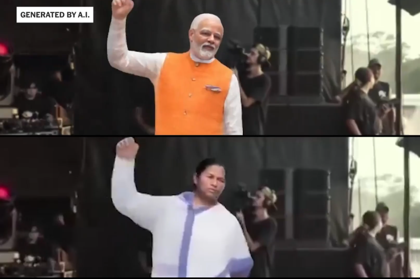 Bollywood_Elections - a snapshot of an AI-generated video of Indian Politicians, including Modi performing Bollywood dance. (Source: @the_indian_deepfaker)