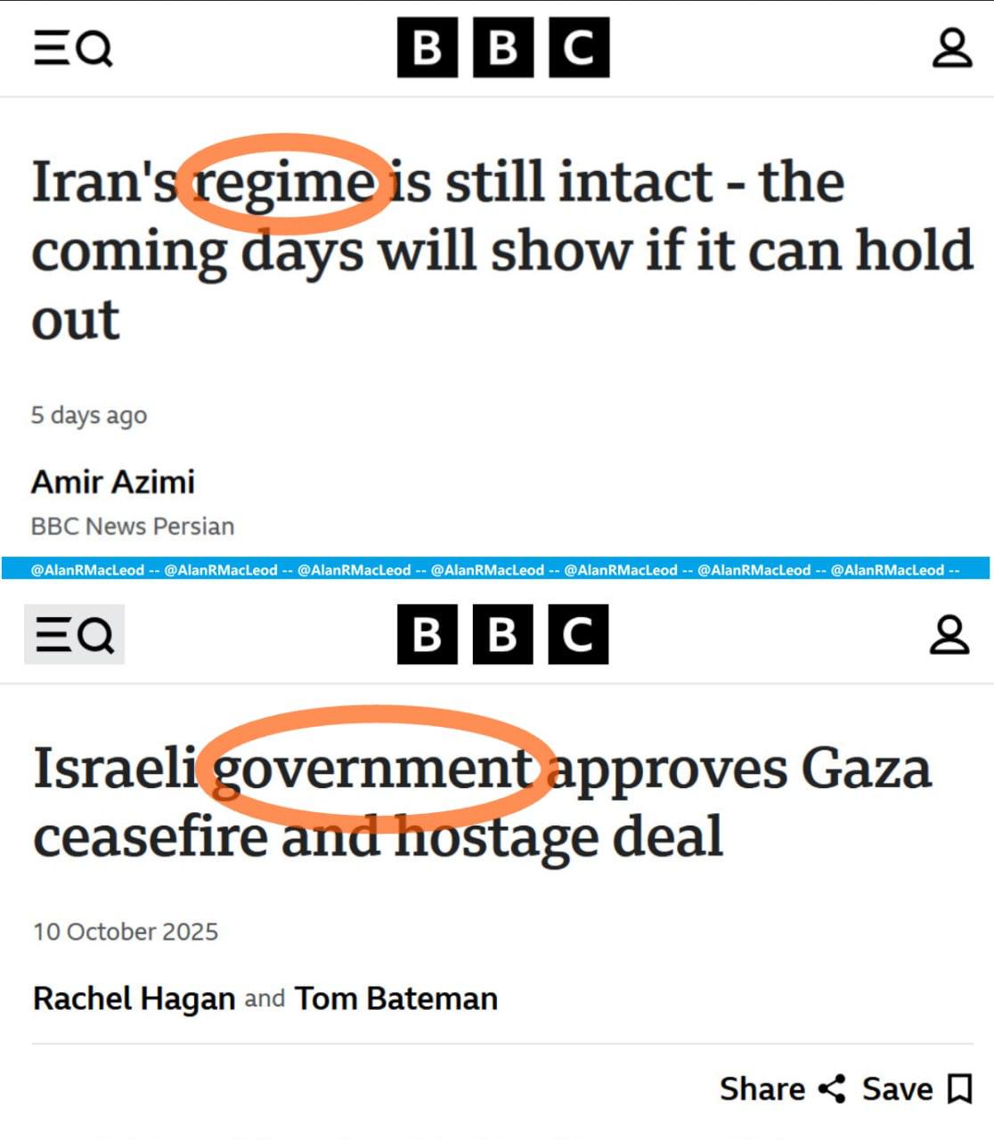 BBC bias in using term regime and government on Iran and Israel