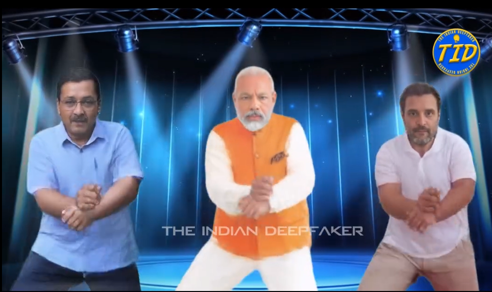 Bollywood_Elections - a snapshot of an AI-generated video of Indian Politicians, including Modi performing Bollywood dance. (Source: @the_indian_deepfaker)