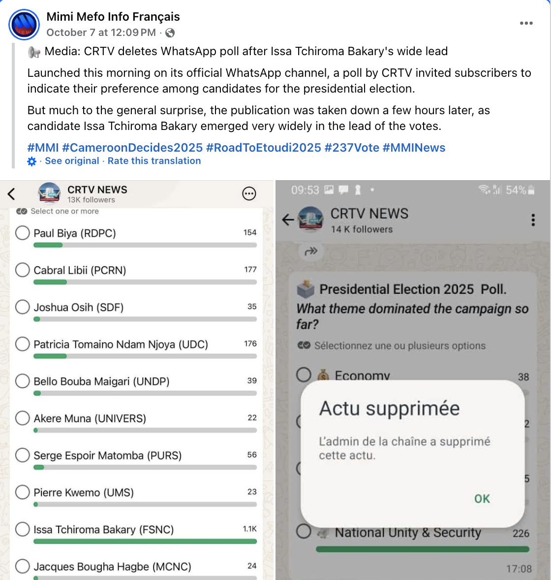 Mimi Mefo Info calls out CRTV for removing a poll that showed Tchiroma in a strong lead.