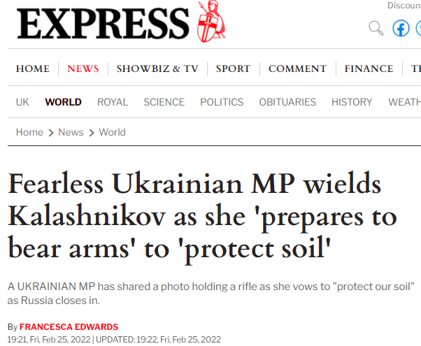 Express headline writes Fearless Ukrainian MP wields Kalashnikov as she 'prepares to bear arms' to 'protect soil'