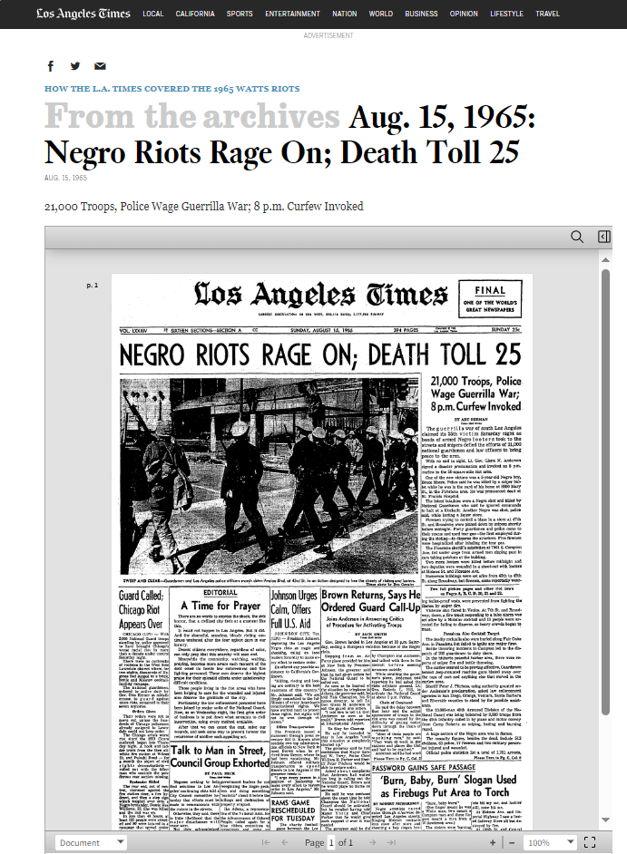 LA Times coverage of Black riots in 1965