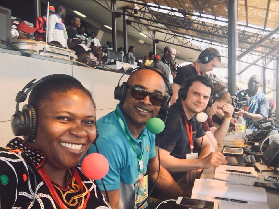 Leocadia Bongben, female sports journalist in a male-dominated commentary booth at Amadou Ahidjo Stadium in Yaounde, Cameroon. (Photo credit Leocadia Bongben)