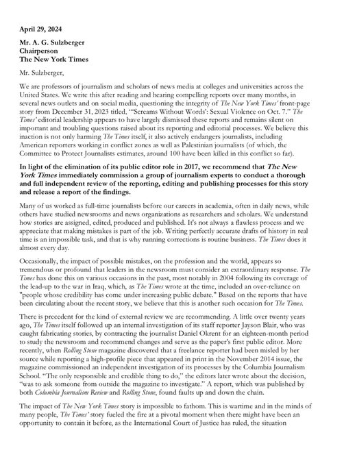 Letter from 50 professors to retract NYT article on Hamas sexual violance 