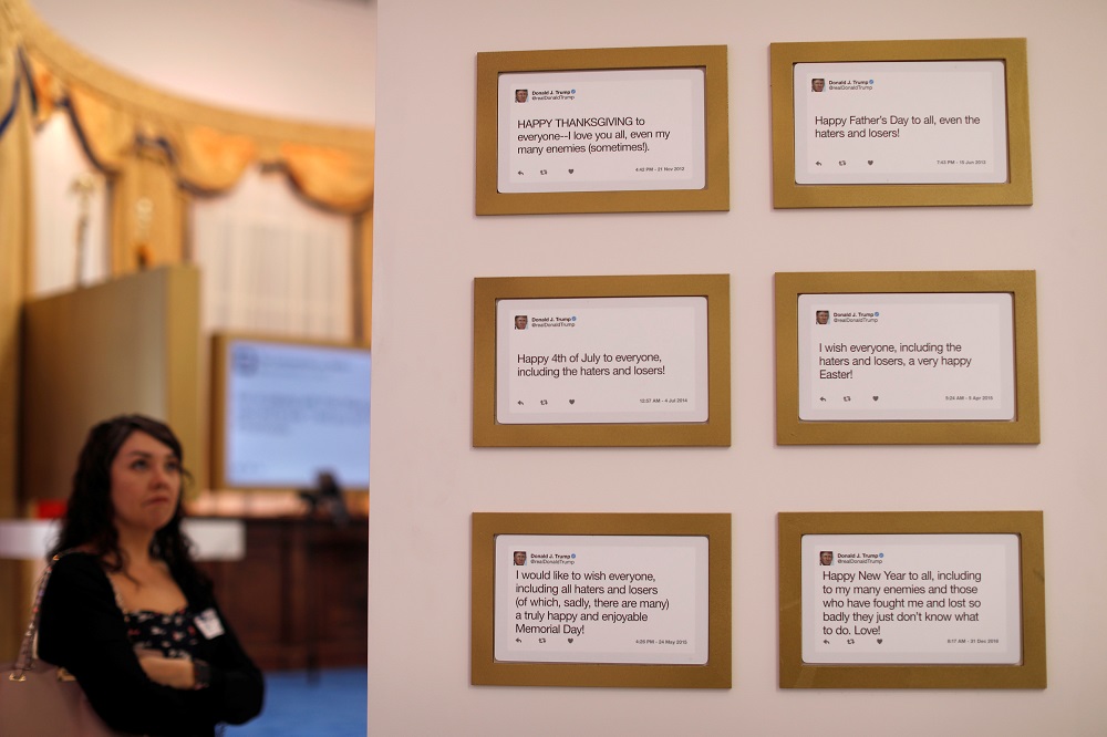 A series of tweets displayed as part of an exhibition of Trump’s Twitter activity organised by satirical TV programme The Daily Show in California. Photo: Mario Anzuoni, Reuters