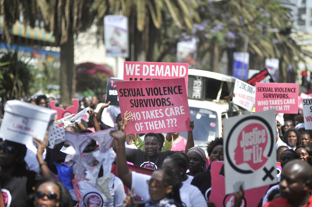Nairobi Rape Protest Stunt Members of civil society and gender organizations marching in the street of Nairobi on Thursday, October 31, 2013, to protest against rape case unpunished by police. Some leaders of civil society delivered to the chief of Kenya police a petition to prosecute rapists of Liz case with more than 1.2 millions of signatures. (Riccardo Gangale/AP Images for Avaaz)