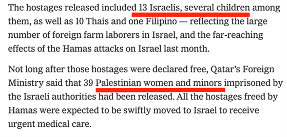Describing Palestinian child "prisoners" as "minors" and Israeli captives as children. From the New York Times piece titled "First Captives Freed in Tense Gaza Truce Between Israel and Hamas" (24 Nov 2023).