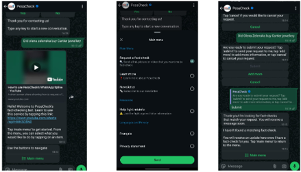 Screenshots from PesaCheck’s WhatsApp bot responses when prompted with a claim that had not been previously fact-checked by PesaCheck.