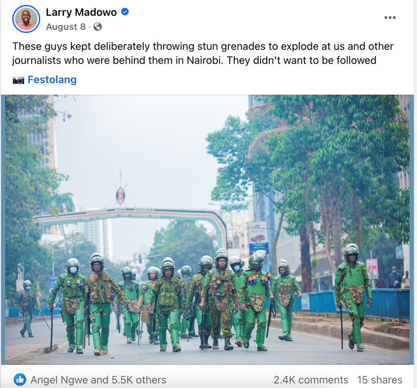 Screenshot of Larry Madowo’s Facebook post regarding the police attack on a journalist