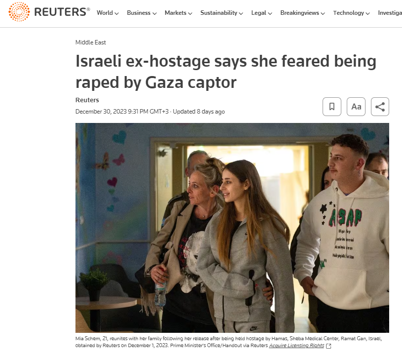 Reuters article "Israeli ex-hostage says she feared being raped by Gaza captor" (Dec 30, 2023)