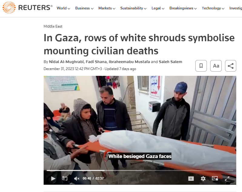 Reuters article "In Gaza, rows of white shrouds symbolise mounting civilian deaths" (Dec 31, 2023)