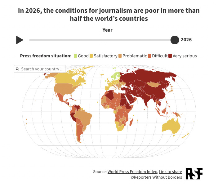 This 2026 World Press Freedom Index map by Reporters Without Borders (RSF) illustrates a global landscape where independent journalism is increasingly restricted. According to the data, over half of the world's countries now experience "poor" conditions for media professionals.