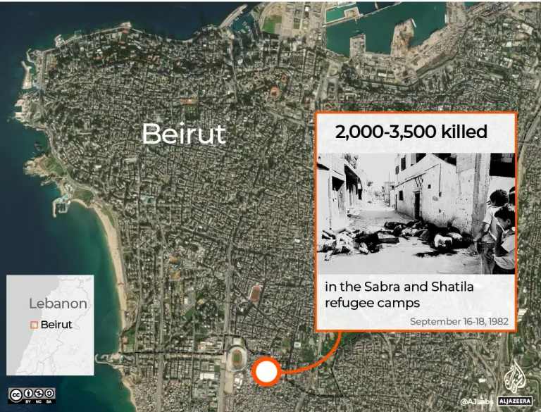 Sabra and Shatila Palestinian Refugee Camp on Beirut map. Lebanon