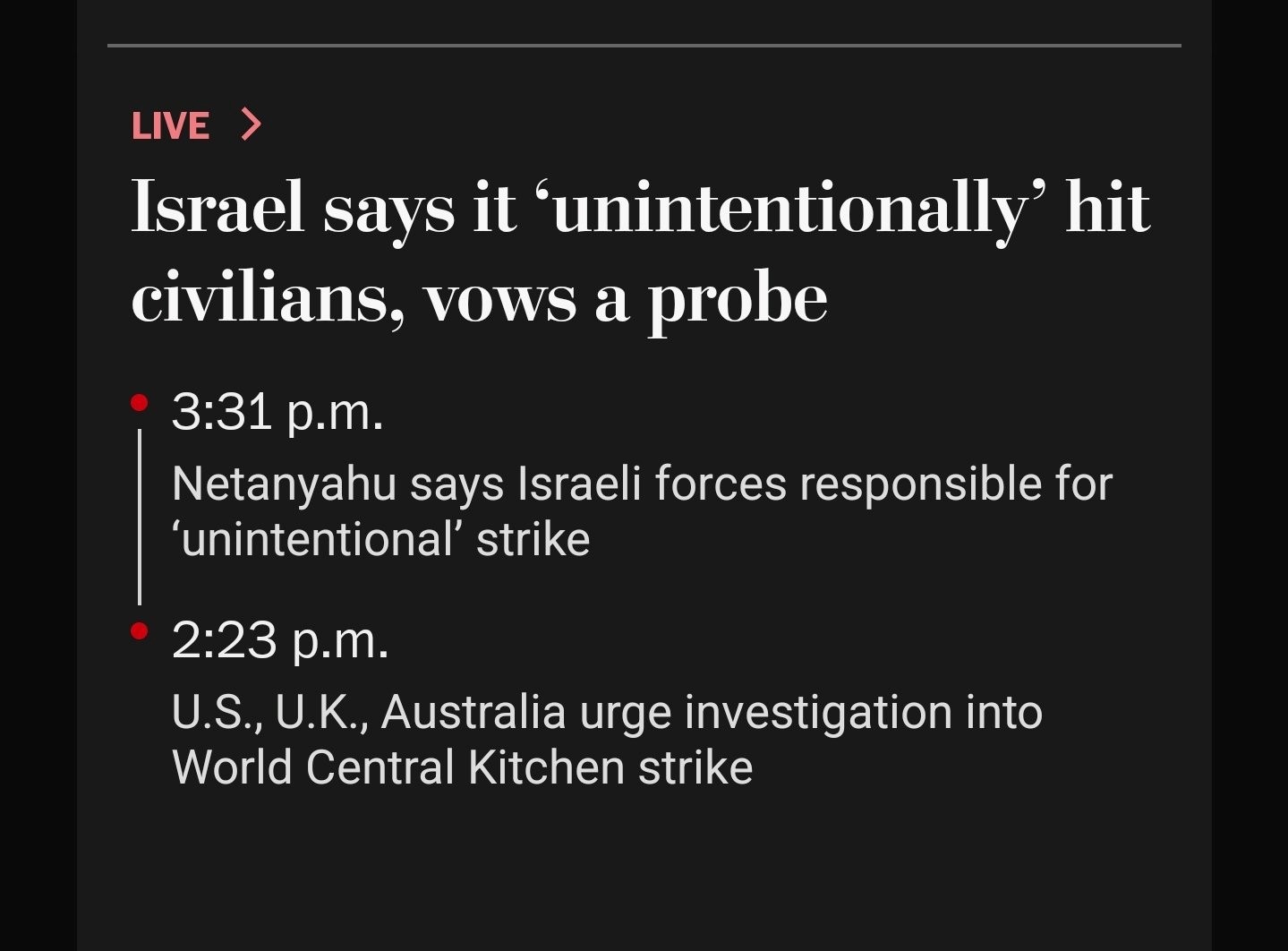 Washington Post News on WCK Israeli airstrike the killed 7 of it's foreign aidworkers