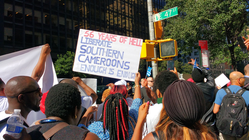 New York City/USA September 22 2017: Near the United Nations Headquarters, a protester holds a sign that says, `56 Years Of Hell, Liberate Southern Cameroons, Enough Is Enough`. By Erin Alexis Randolph