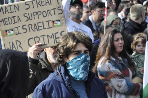 Pro Palestine protest in front of BBC for Media Bias. Salford, Greater Manchester, UK. 10.21.2023 (Photo by Harry Matthieu Warner)