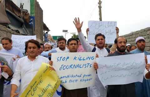 JAMRUD, PAKISTAN - JUN 21: Journalists are holding protest demonstration to condemn the  assassination of a senior tribal journalist Khalil Jebran and demanding for justice on June 21, 2024 in Jamrud.