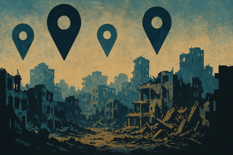 Illustration: Google Maps pins float above Gaza’s rubble, a metaphor for digital erasure explored in our article. (AI-generated image)