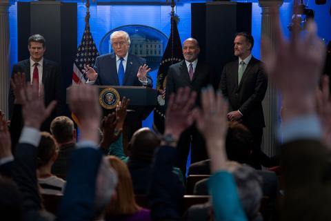 Trump gestures during a White House press conference on February 20, 2026. (Photo by Mandel Ngan/AFP via Getty Images)