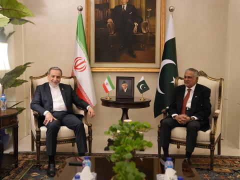 Iranian Foreign Minister Abbas Araghchi and Pakistani Foreign Minister Muhammad Ishaq Dar meet in Islamabad for high-stakes discussions ahead of the Iran-US peace negotiations. (Photo: Iranian Ministry of Foreign Affairs/UPI/Shutterstock. Islamabad, Pakistan – Apr 2026)